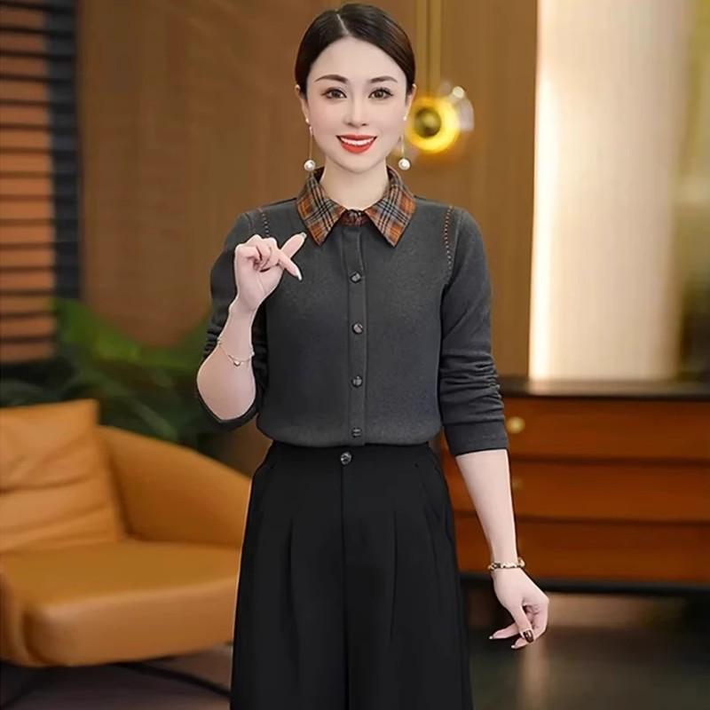 

Autumn-Winter Polo Collar Plaid Long-Sleeve Slimming Mom s Base Layer Shirt XL сірий колір