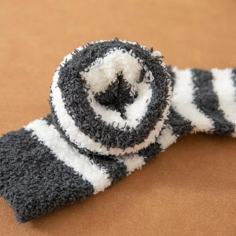 Coral Wool Socks - Men's Striped Half-wool Mid-calf Socks - Non-shedding, Thick and Warm Floor Socks, Home Wear Socks, with Added Wool Padding