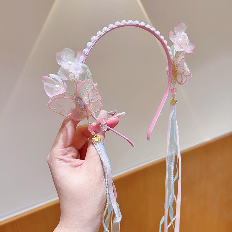 Handmade Hanfu Hair Accessories: Pearl Tassel Hairpin & Butterfly Flower Headband for Women and Girls