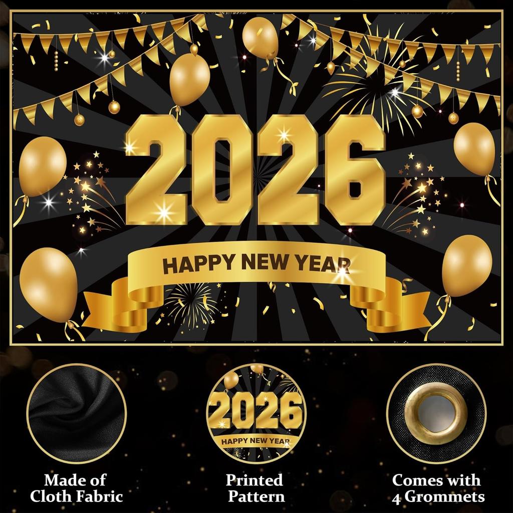 Happy New Years Eve Supplies 2026 - Black and Gold Large New Years Backdrop 2026, New Year Eve Banner Party Decorations 2026 Party Decor for Adults