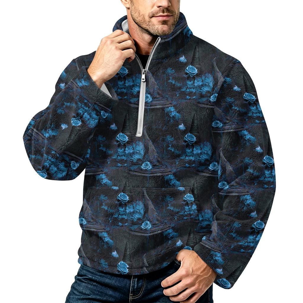 Men's Halloween Print Flannel Zip-Up Sweatshirt, Plus Size Stand Collar Casual Fall Winter Top