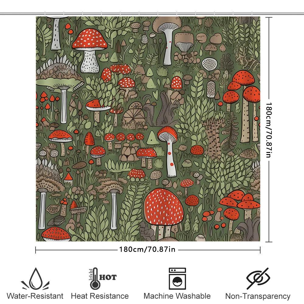 Green Mushroom Bath Mat Creative Mushroom Shower Curtain With Leaf Design For Bathroom Decor In Green Red Colors |