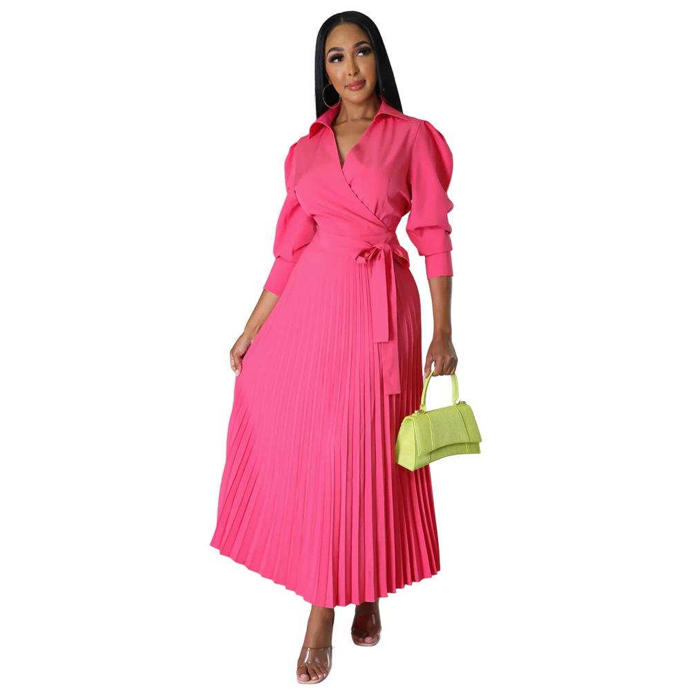 Cross-Border Europe Spring Long Sleeve Polo Collar High Waist Pleated Women's Casual Dress