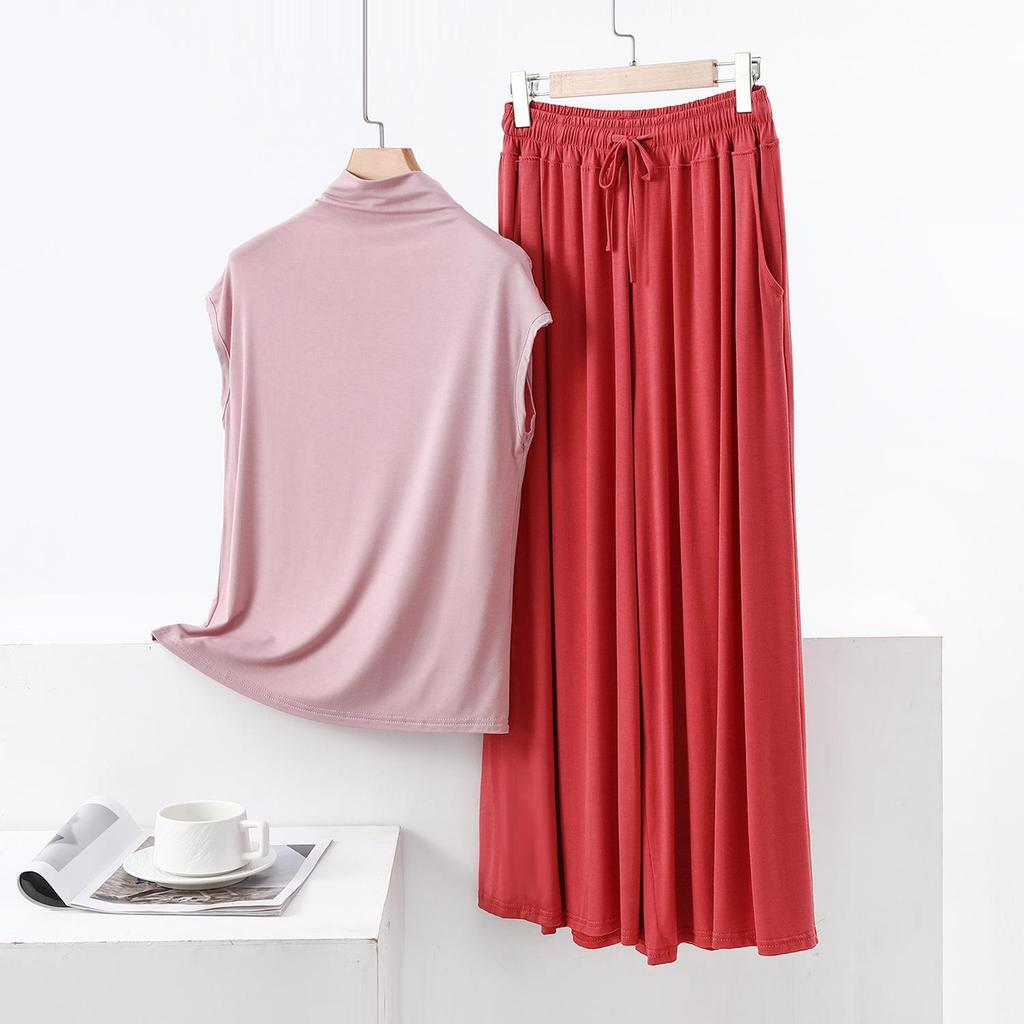 Summer High-Neck Sleeveless Top & Color Block Wide-Leg Pants Two-Piece Set
