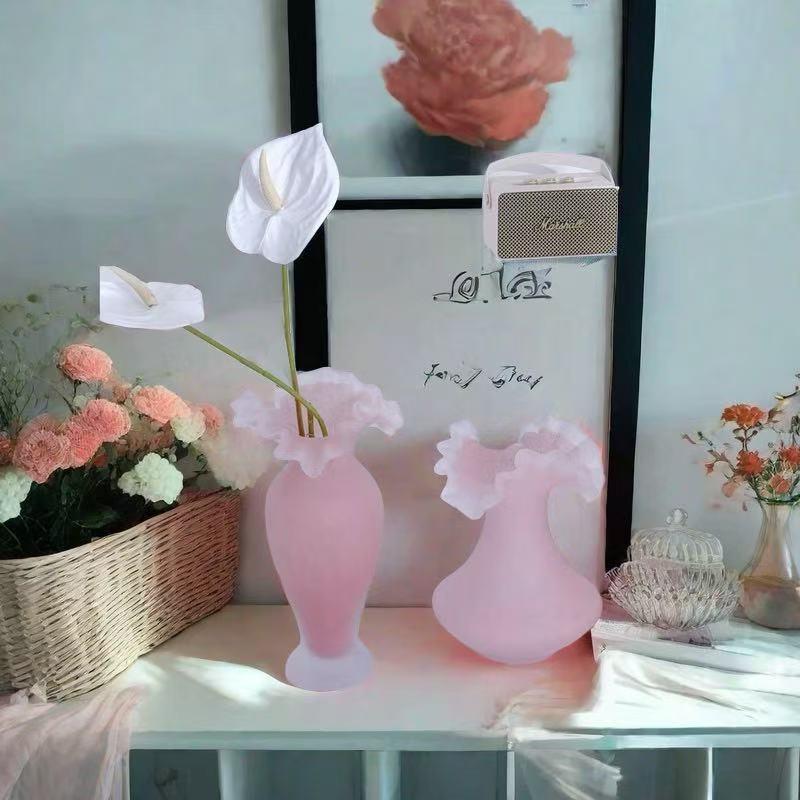 Pink Crystal Glass Vase Home Livingroom Table Flower arrangements Ornaments Decoration Cafe Table Fake Flower Pots Art Crafts
