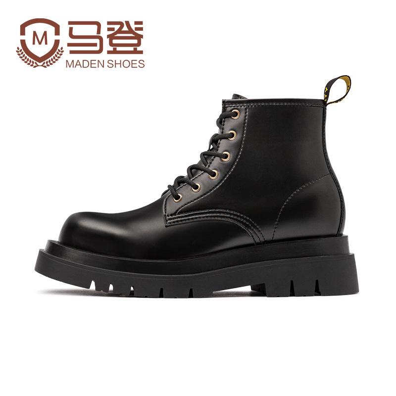 Men s Black Leather Mid-Top Work Boots - Autumn Thick-Soled British Style 44