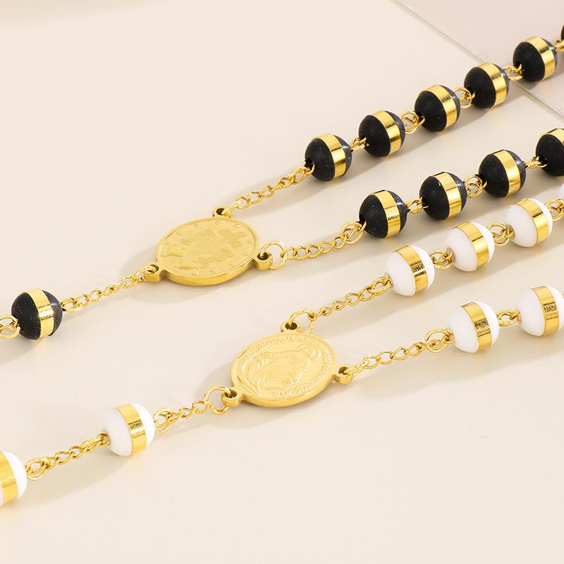 18K Gold Cross Prayer Beads Necklace for Women - Stainless Steel, 8mm, Trendy European-American Style