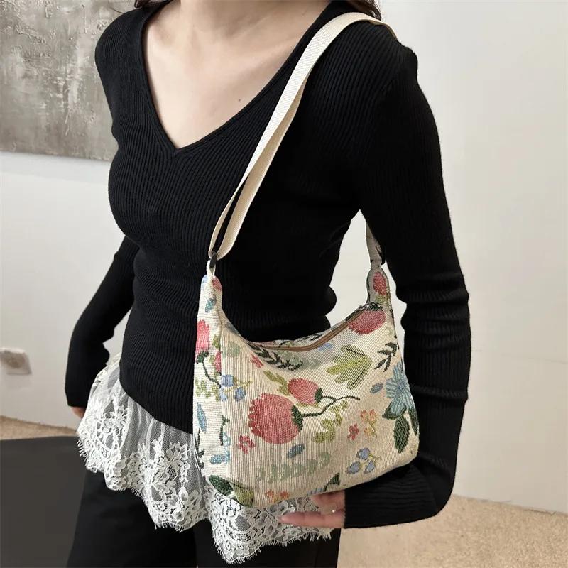 Chinese Style Vintage Print Underarm Bag Fashion Canvas Shoulder Bag Texture Temperament Crossbody Bags for Women Handbags