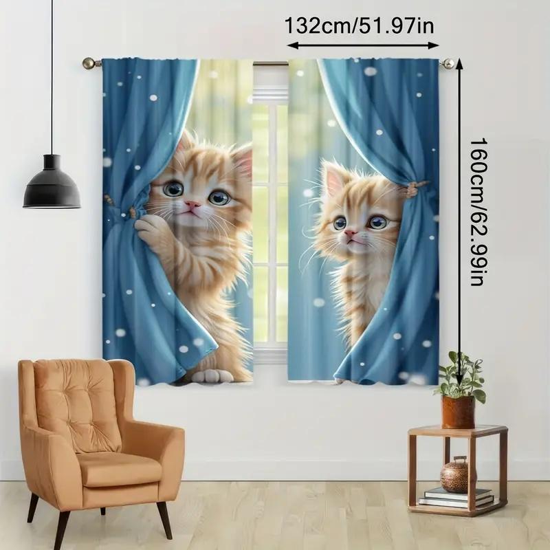 2 Pcs Cute Cat Print Curtains  Suitable for Bedroom  Living Room Kitchen Decoration  Home Decoration  Window Decoration