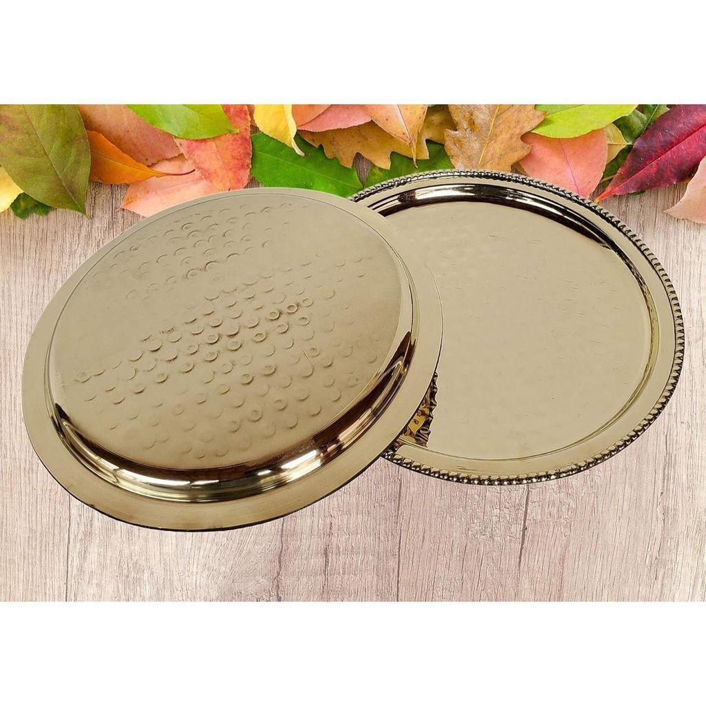 Brass Plate for Pooja, 10 Inch, 1 Piece, (Hammered - Gold)