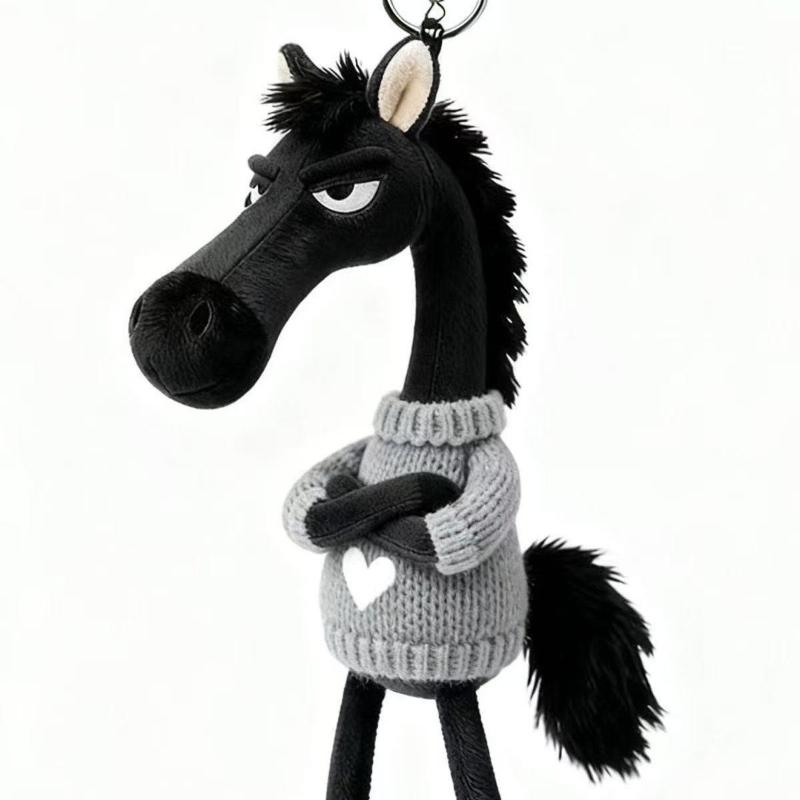 Popular Sky Selection High Cool Black Horse Keychains Soft Plush Mascot Car Pendant Sweater Knitted Baby Doll Key Rings for Women's Handbag Child Bags