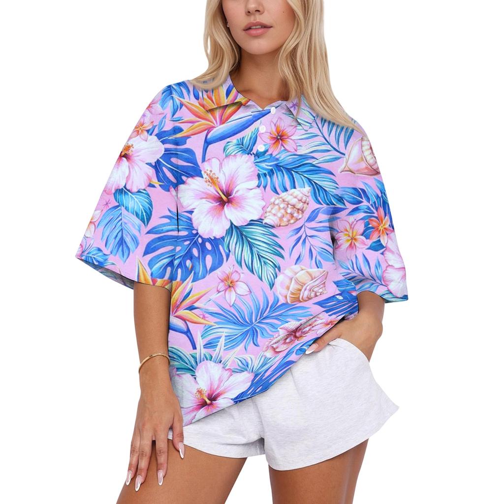 Women Loose Fit Polo Collar Shirt Casual Short Sleeve Top Soft Fabric Printed Blouse Relaxed Fit for Daily Wear Office School Travel