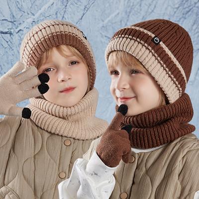 3-teiliges Kinder-Wintermütze-Set mit Nackenwärmer und Handschuhen, Fleecefutter, Beanie, Schal, Anzug für den Außenbereich, Kinderkappe für Mädchen und Jungen im Alter von 4–10 Jahren