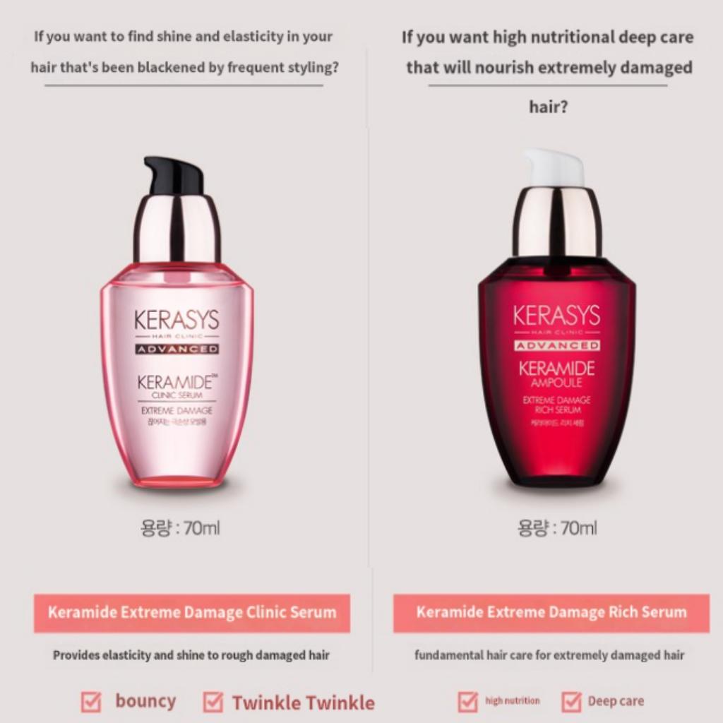 Kerasys Advanced Keramide Hair Serum Duo (70ml) - Extreme Damage Clinic & Rich Serum for Professional Hair Care