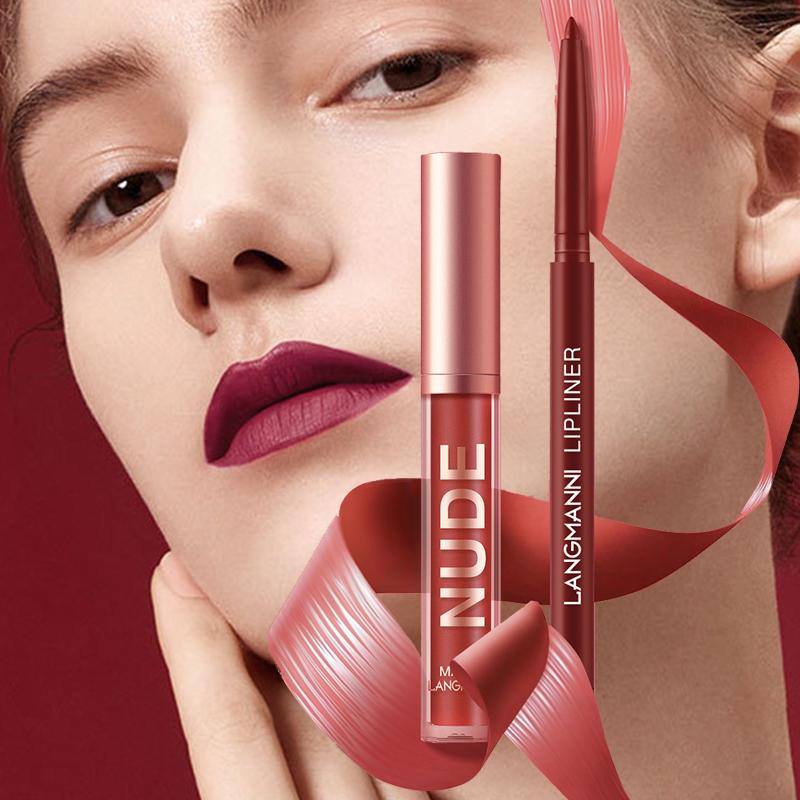 2-teilige Kombination aus Lippenkonturenstift und Lipgloss, wasserfest, langanhaltend, samtig, nackt, sexy, nicht klebender, matter Lippenstift, Lippenkonturenstift