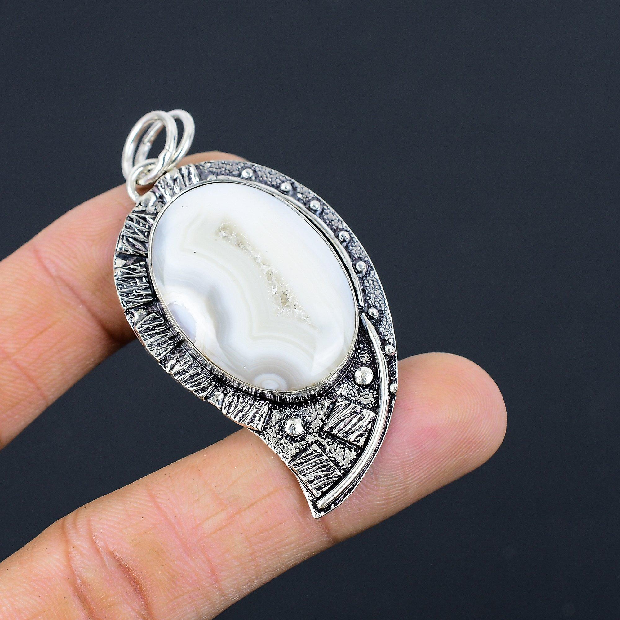 

Womens day Deal 925 Silver Oval Natural Botswana Agate Druzy Bezel Wife Pendant