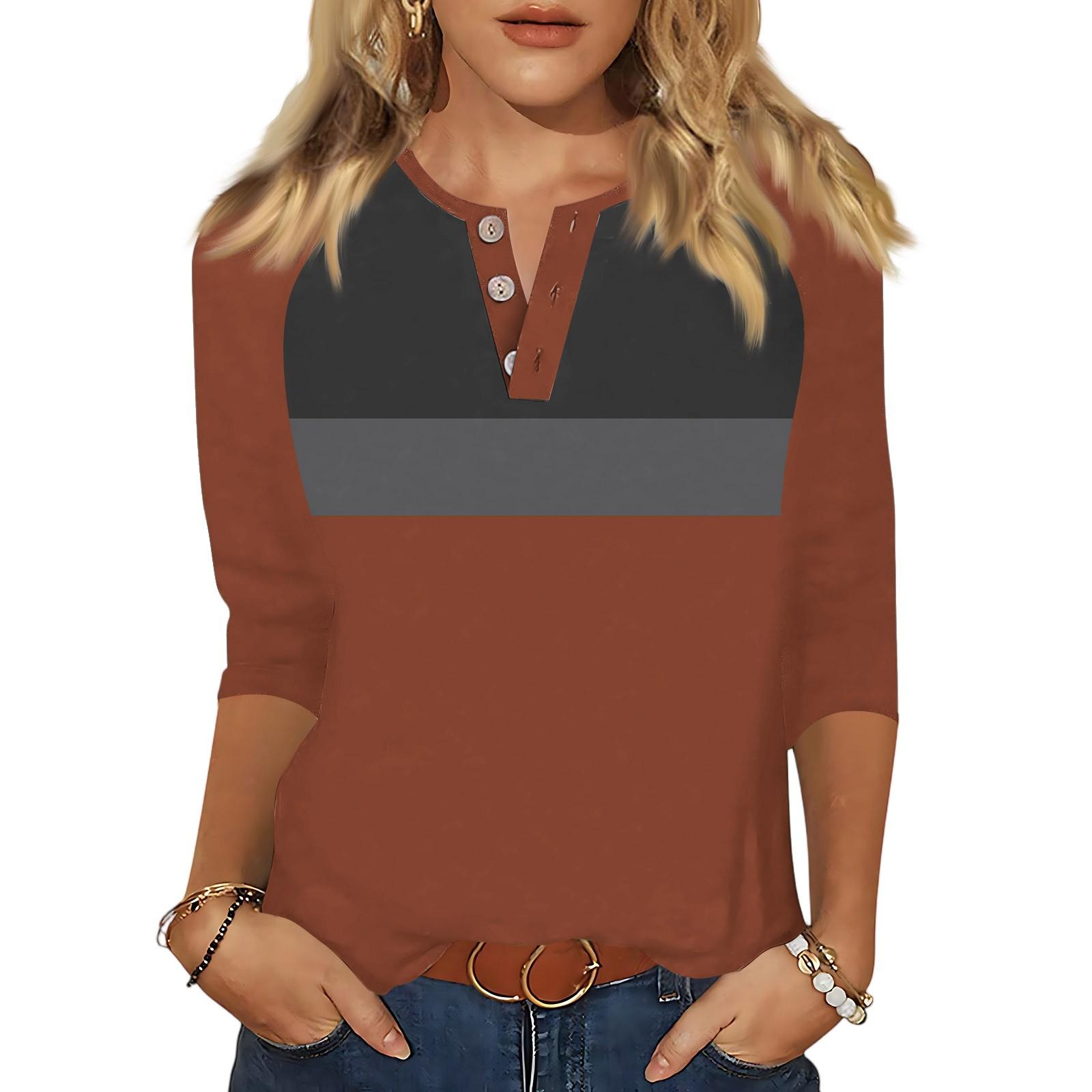 

Женские топы рукав три четверти V-образный вырез на пуговицах с принтом футболка из имитации хлопка M