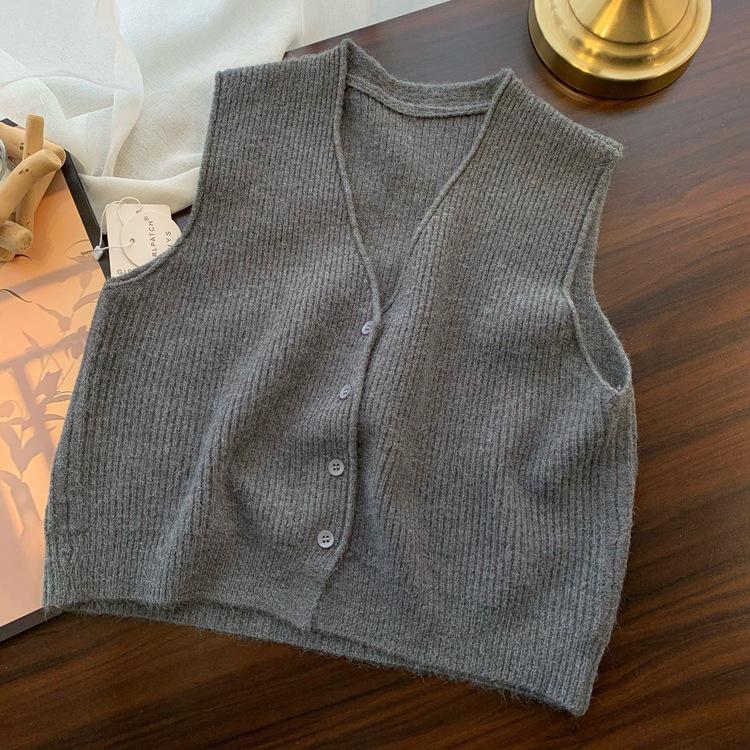 Autumn 2025 Korean Style V-Neck Loose Fit Sleeveless Cardigan Vest