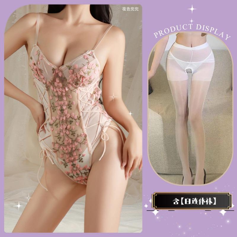 Lace Deep V Embroidery Suspender Inside with Onesie Backless Retro Floral Sexy Strap Splicing Mesh Flower