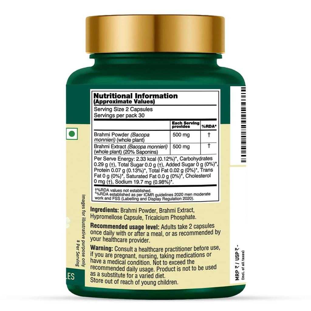 VAHDAM Brahmi Capsules 1000mg | Bacopa Monnieri for Memory, Focus & Cognitive Performance | Dual Extract: Whole Herb + 20% Saponins Standardised