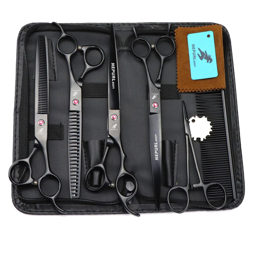 8.0 Black Pet Beauty Scissors Set, Flat Scissors, Curved Scissors, Tooth Scissors, Thin Scissors, Multi-Color 2 Teeth, 4 Fixed Logos.