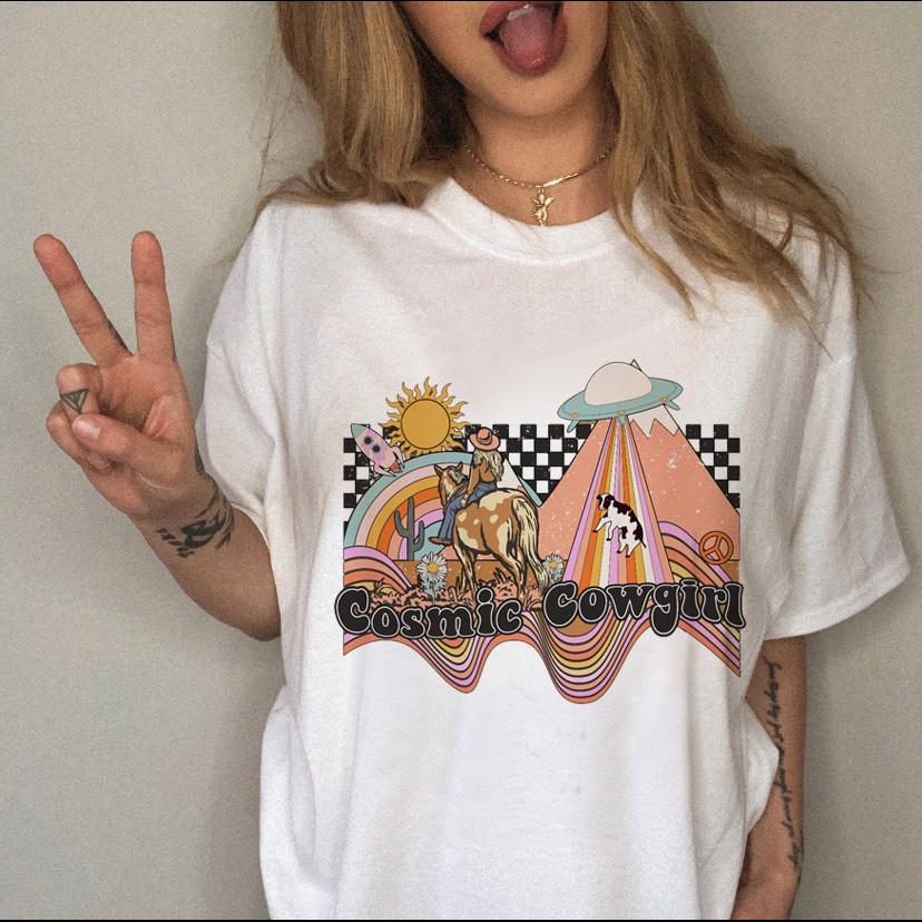 Women's T-shirt Western Cowboy Cartoon Letter Print Funny Cute Short Sleeve Ladies Fashion Casual Summer Women's T-shirt Graphic