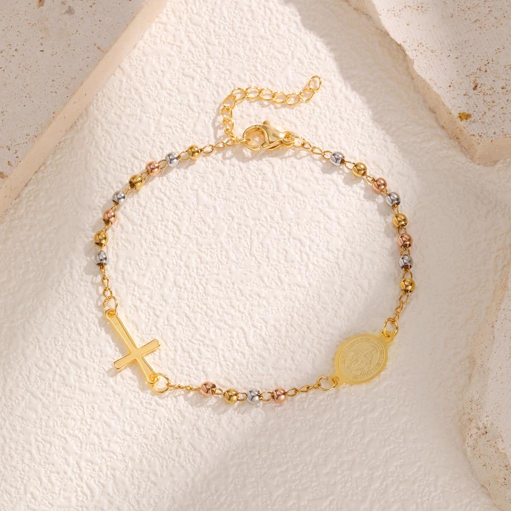 Heiliges dreifarbiges Rosenkranz-Kreuz-Armband für Damen, Edelstahl Goldfarbe Benedikt Runde Perlen Armbänder, Christentum Schmuck