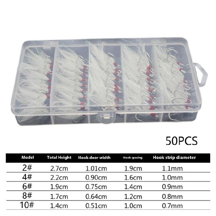50pcs Strong Pull Lure Baits Fishing Hook with Feather Size 10 8 6 4 2 Feathered Treble Hook Barbed Hook for Crankbait