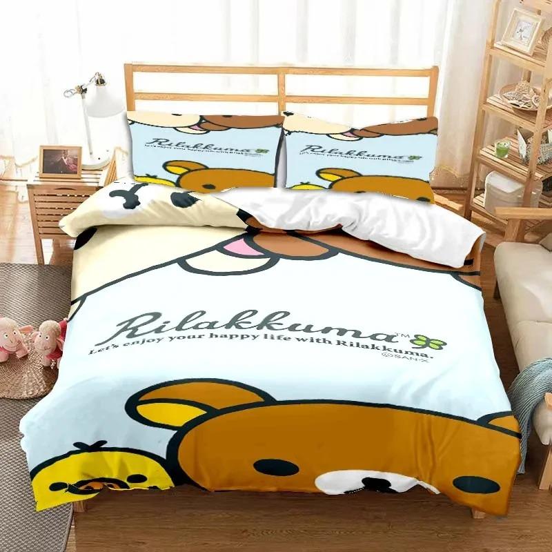 3dCartoon Rilakkuma Ayı Yatak Takımı Yorgan Kılıfı Yatak Takımı Yorgan Kılıfı Yastık Kılıfı Yorgan King Queen Boy Erkek Çocuk Yetişkin Yatak Takımı