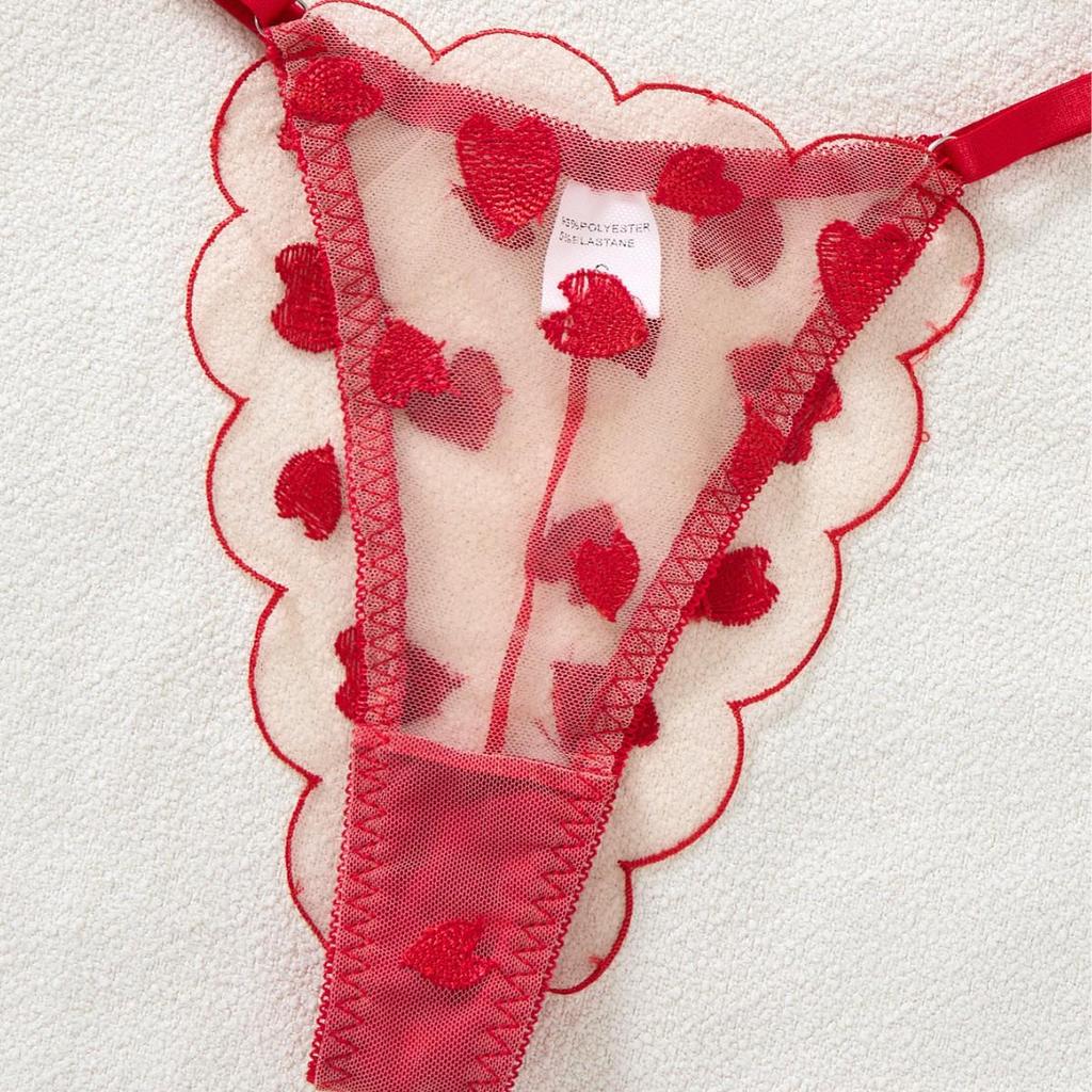 Red Heart Embroidered Mesh Lingerie Set - Sexy Push-up Bra with Anti-sag Support, Desire Style 203