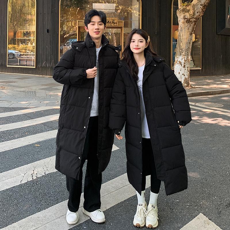 

Мужская и женская утепленная хлопковая зимняя куртка для влюбленных, удлиненная, свободного кроя, с капюшоном, длиной до колена XXL чёрный