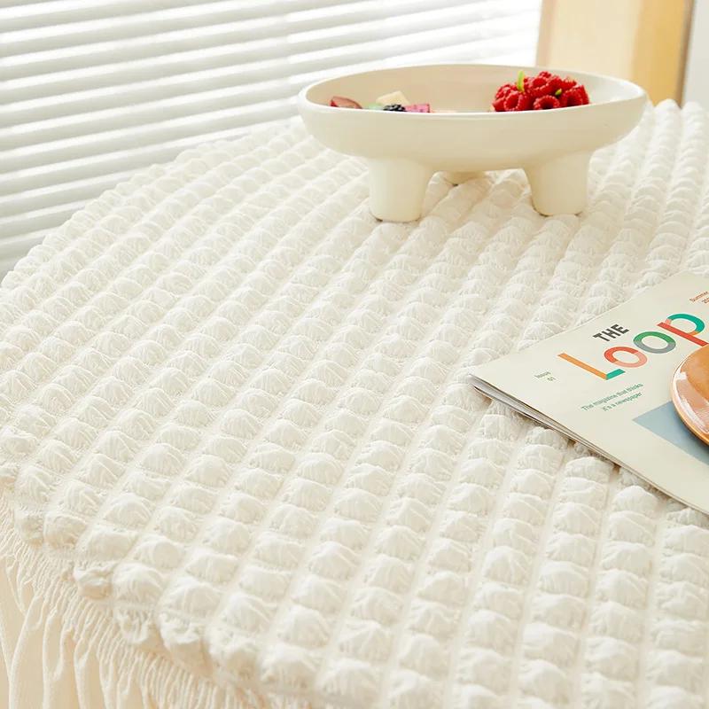 Round Bubble Gauze Tablecloth Seersucker Solid Color Elastic Table Skirt Modern Simple Style Home Decoration Dining Table Cover