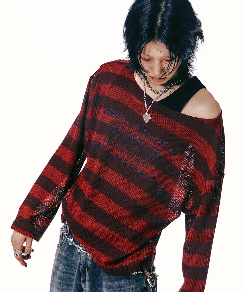 LANARCHIVE [0058] Lettering Stripe Knit (Red)