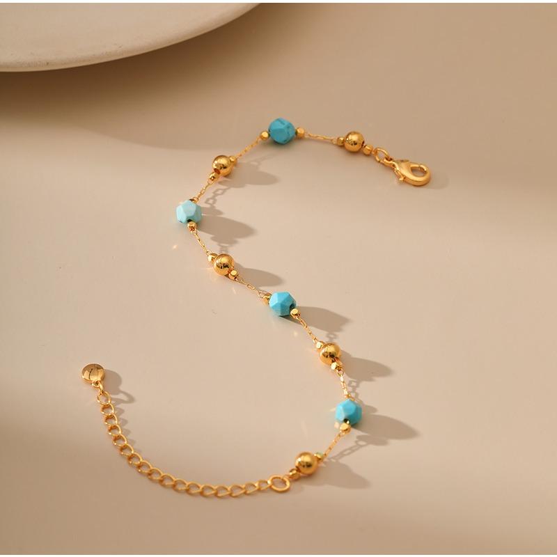 Gold Plated Faceted Turquoise Color Bead & Ball Bracelet With Extension Chain