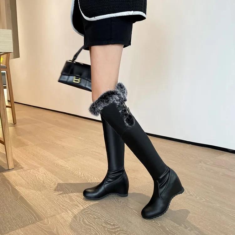 New Winter Snow Boots Women Warm Fur Long Boots Casual Wedge Heels Over The Knee Boots Female Black White Shoes