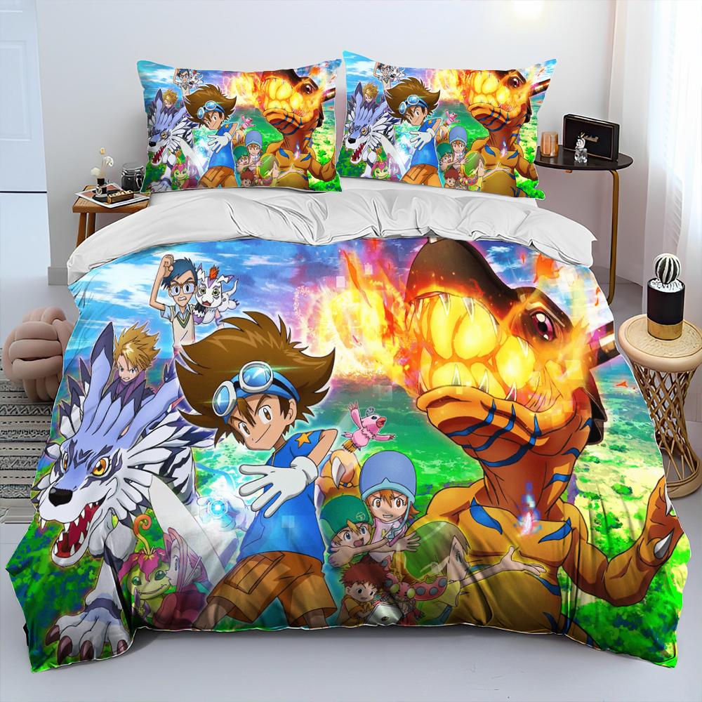 Digimon Adventure Monster Cartoon Comforter Bedding Set,Duvet Cover Bed Set Quilt Cover Pillowcase,king Queen Size Bedding Set