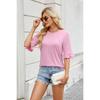 Spring Summer New Solid Color Pinstripe Crew Neck Puff Sleeve Elbow-Length T-shirt Top for Leisure Europe USA Leisure Foreign Trade
