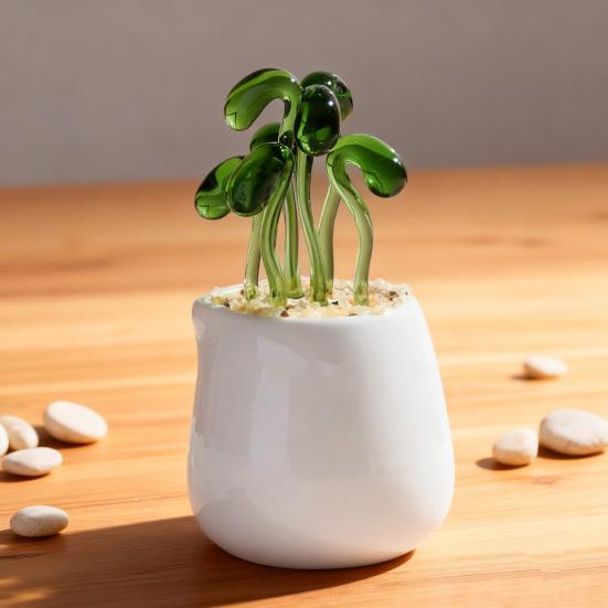 Handmade Glass Potted Plants Ornament Hand-Blown Glass Cactus Bean Sprout Floral Art Figurine Home Office Desktop Decoration