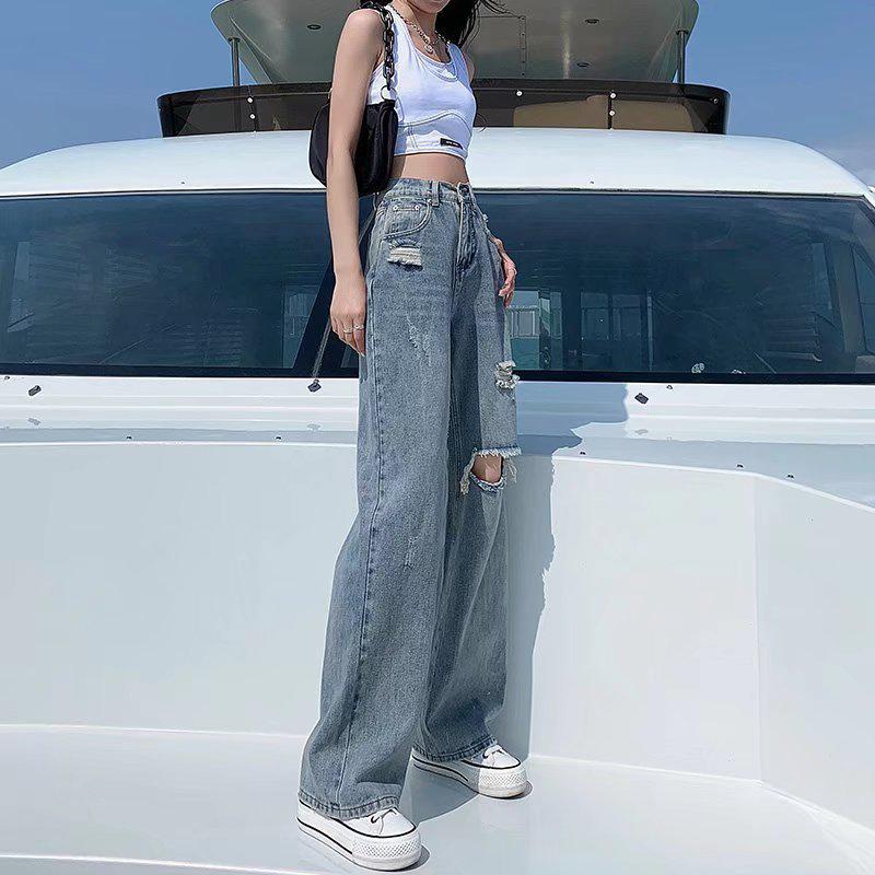 2024 Women's High Waist Ripped Straight-Leg Jeans - Summer Thin, Loose, Wide-Leg, Mopping Style