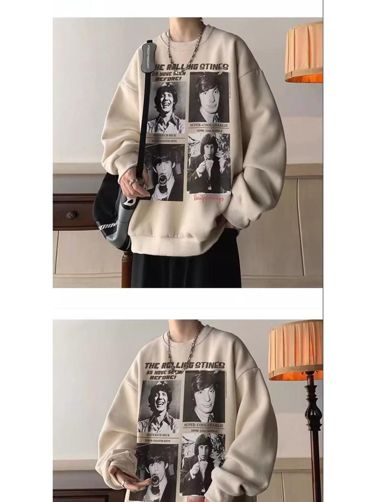 Men's Trendy Cotton Crewneck Hoodie: Lightweight Spring/Autumn Fleece Jacket, Loose Fit, Student Style, Hoodless Outerwear.
