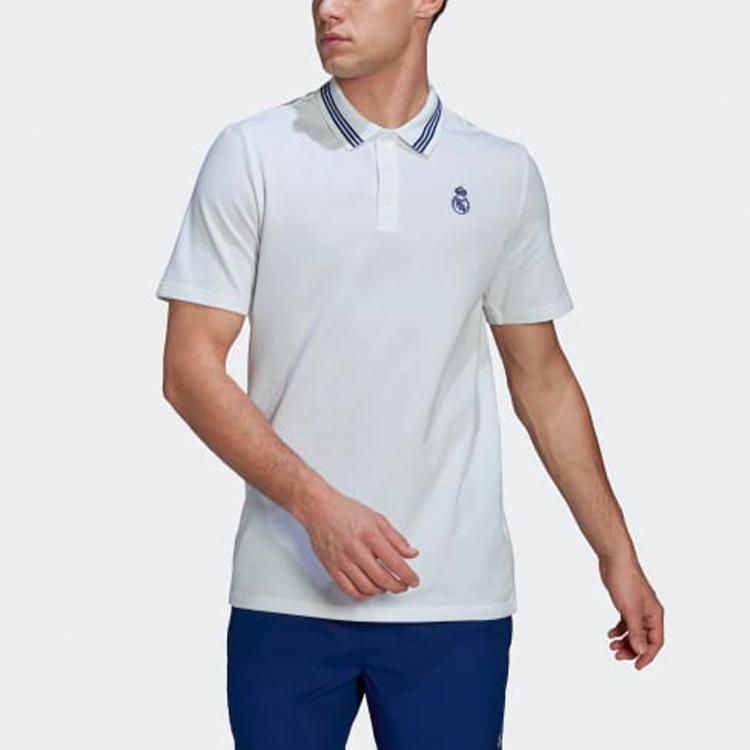 Adidas Real Madrid Football Series Solid Stripe Casual Short Sleeve Polo Shirt Men Tops White H59050