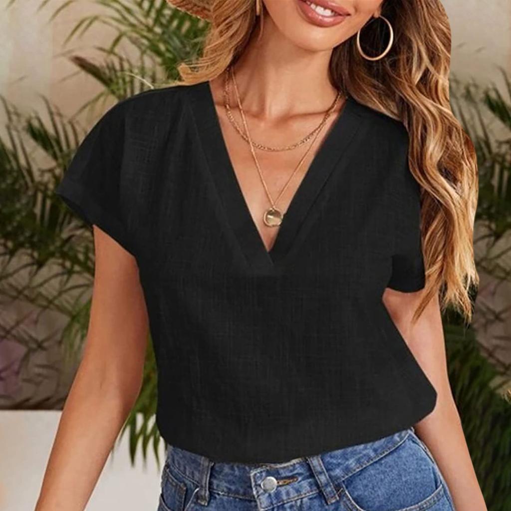 Women's Fashionable Cotton Linen Loose V-Neck Short-Sleeve Top