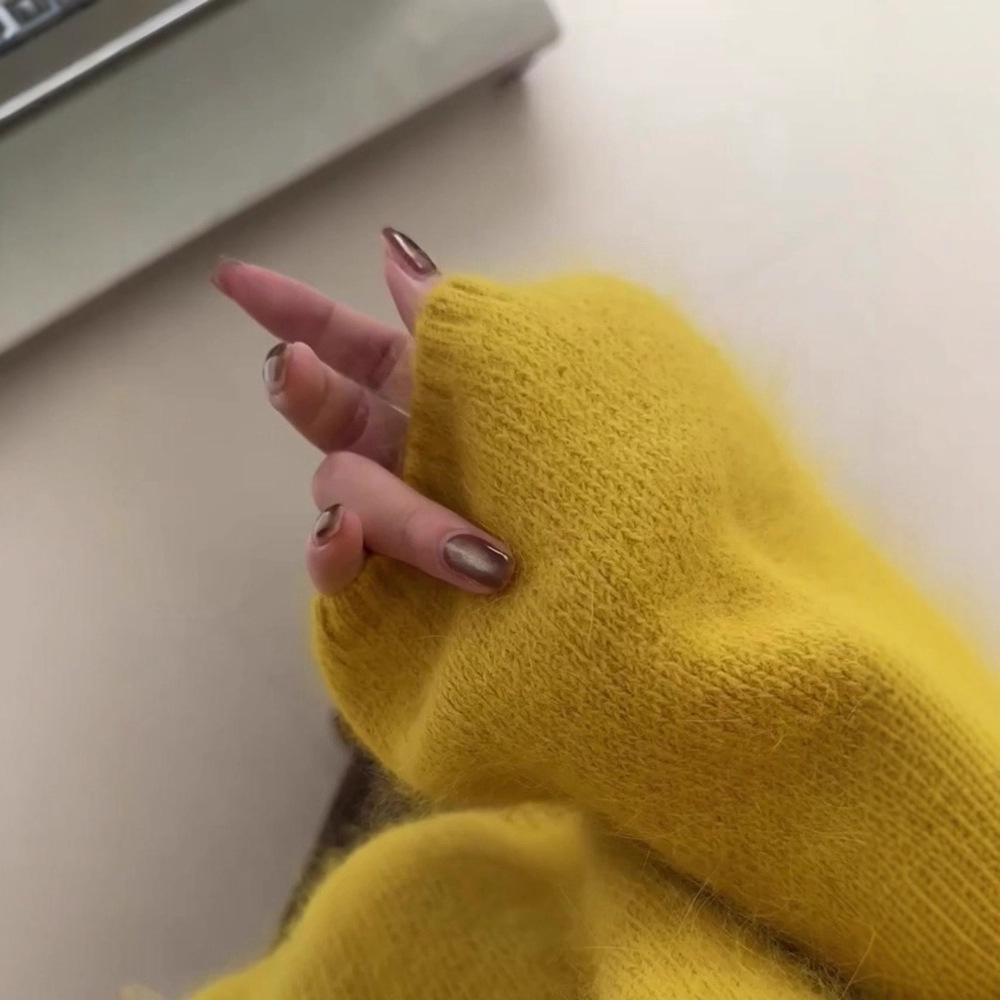 Women's Yellow Long Pile Wool Knit Pullover - Thick, Warm, Loose Fit for Autumn