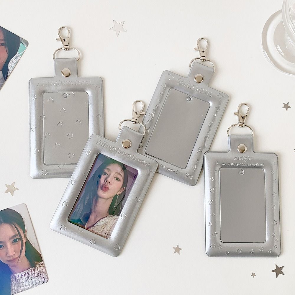 Multifunctional PVC Photo Card Case Silver With Keychain Idol Card Display Holder 3 Inch Card Protective Cover