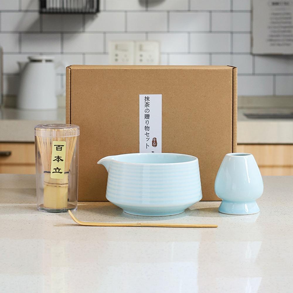 

4PCS Stirring Bamboo Ceramic Japanese Matcha Tea Set Food Grade Safe Matcha Stirring Brush Reusable Green Tea Whisk світло-синій колір
