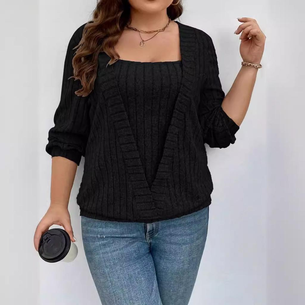 2025 Autumn and Winter, Europe, America,  TEMU Independent Station Cross-border New Solid-color Pit Strip V-neck Long-sleeved Fake Two-piece Set