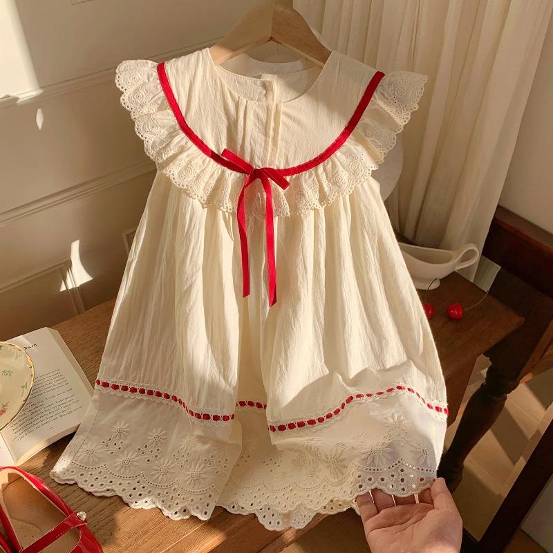 Dress Korean Lace Summer Round Neck Lace Cute and Sweet Buttful Knot Princess Dress Kids Clothes Girls 90cm