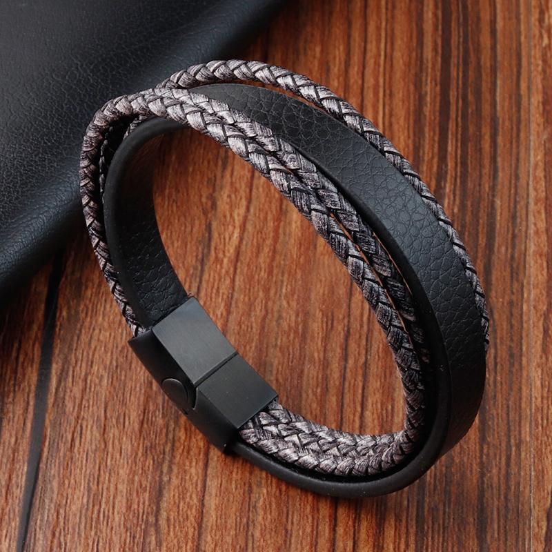 

Retro Style Double Stitching Combination Small Accessories Stainless Steel Men s Leather Bracelet Promotional Price For Gift 21cm