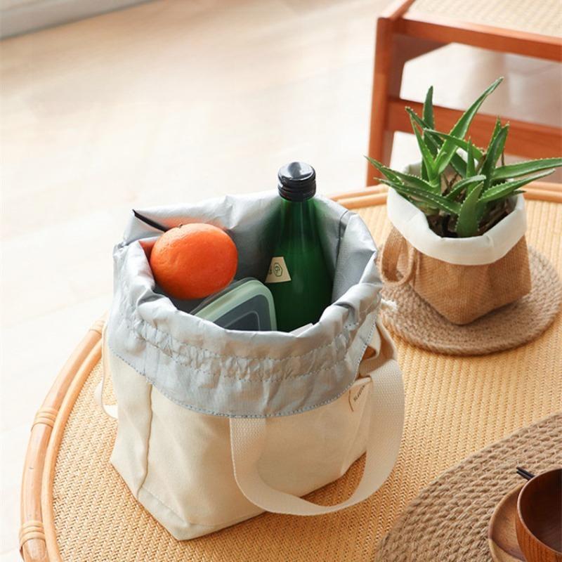 Drawstring Canvas Lunch Bag Thicken Insulated Aluminium Foil Thermal Bento Box Tote Cooler Handbags for Office Outdoor Picnic