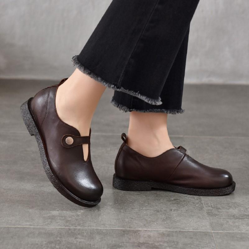 Johnature Retro Versatile Loafers Round Toe Genuine Leather Women's Low Heel Shoes